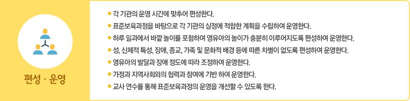 표준보육과정의 운영은 다음의 사항에 따른다.
						첫째 각 기관의 운영 시간에 맞추어 편성한다.
						둘째 표준보육과정을 바탕으로 각 기관의 실정에 적합한 계획을 수립하여 운영한다.
						셋째 하루 일과에서 바깥 놀이를 포함하여 영유아의 놀이가 충분히 이루어지도록 편성하여 운영한다.
						넷째 성, 신체적 특성, 장애, 종교, 가족 및 문화적 배경 등에 따른 차별이 없도록 편성하여 운영한다.
						다섯째 영유아의 발달과 장애 정도에 따라 조정하여 운영한다.
						여섯째 가정과 지역사회와의 협력과 참여에 기반하여 운영한다.
						일곱째 교사 연수를 통해 표준보육과정의 운영을 개선할 수 있도록 한다.
